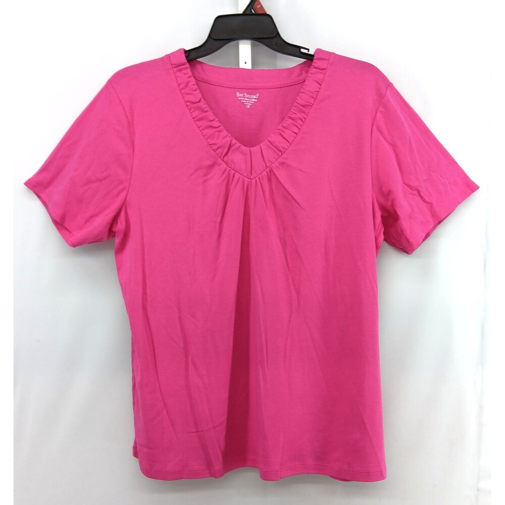Bay Studio Shirt Womens Plus Size 1X Pink Short Sleeve V Neck Top Pima Cotton
